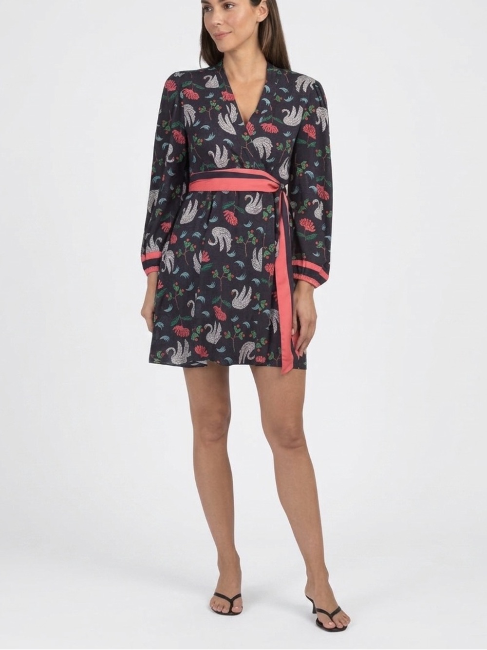Celina Moon Navy Swan Print Dress with Coral Sash novelty print  Sz M